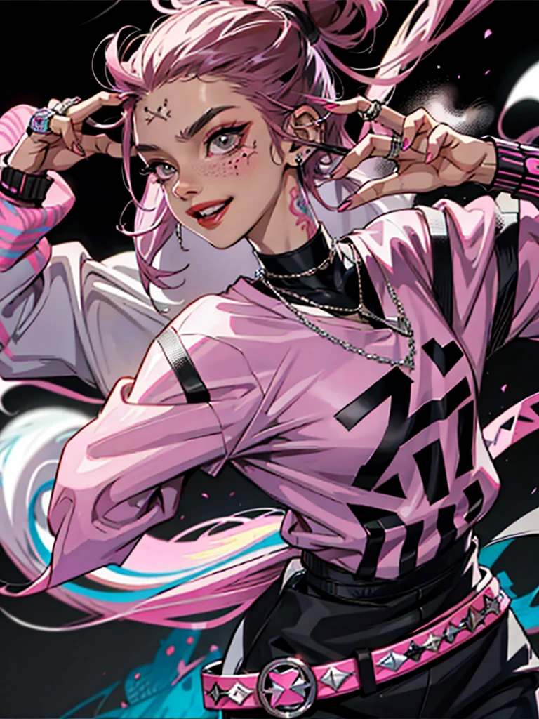 kpop girl with rizz smile face, bad ass, black,pink hair, tattoos on hands and neck, piercing, black mixed pink striped sweater, cool badass pose, smoke background ,jht,1boy, slightly long pointy thin fingernails