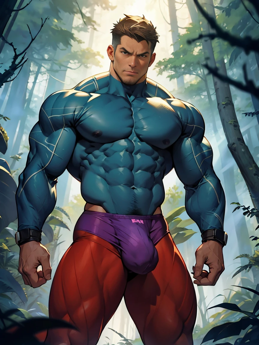 Omni-Man (Nolan Grayson), muscular (huge), obscene expression, big bulge, huge chests, muscular thighs, bulging veins, surrounded by muscular aliens in an alien forest.