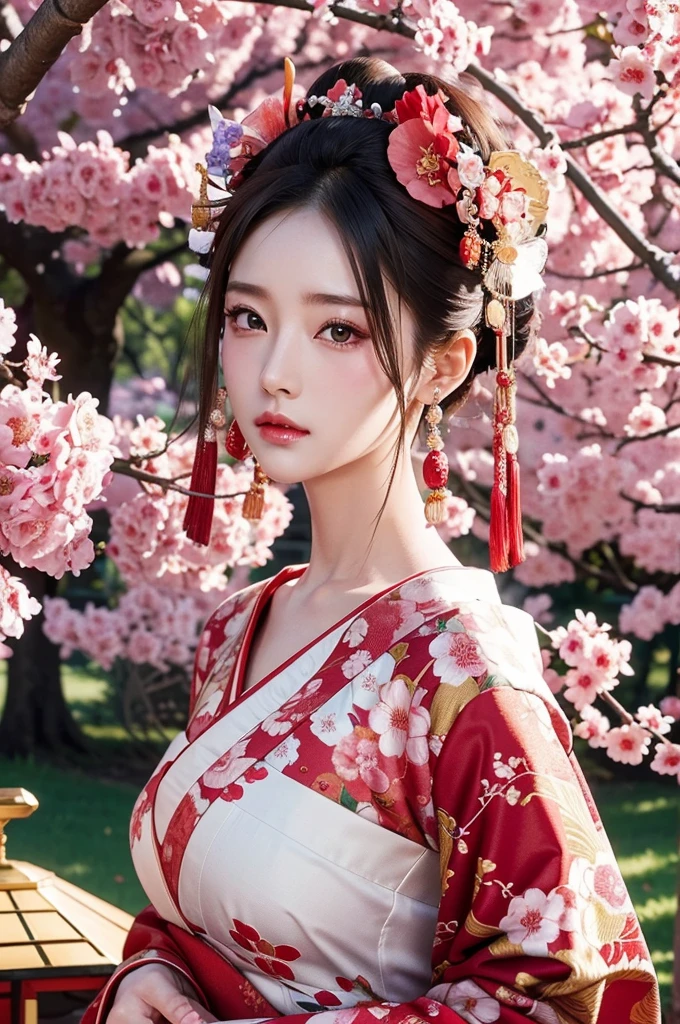 best quality, 8k, very delicate and beautiful, highly detailed face and skin texture, shiny skin, high resolution, sexy japanese oiran stand under cherry blosom tree, sharp focus