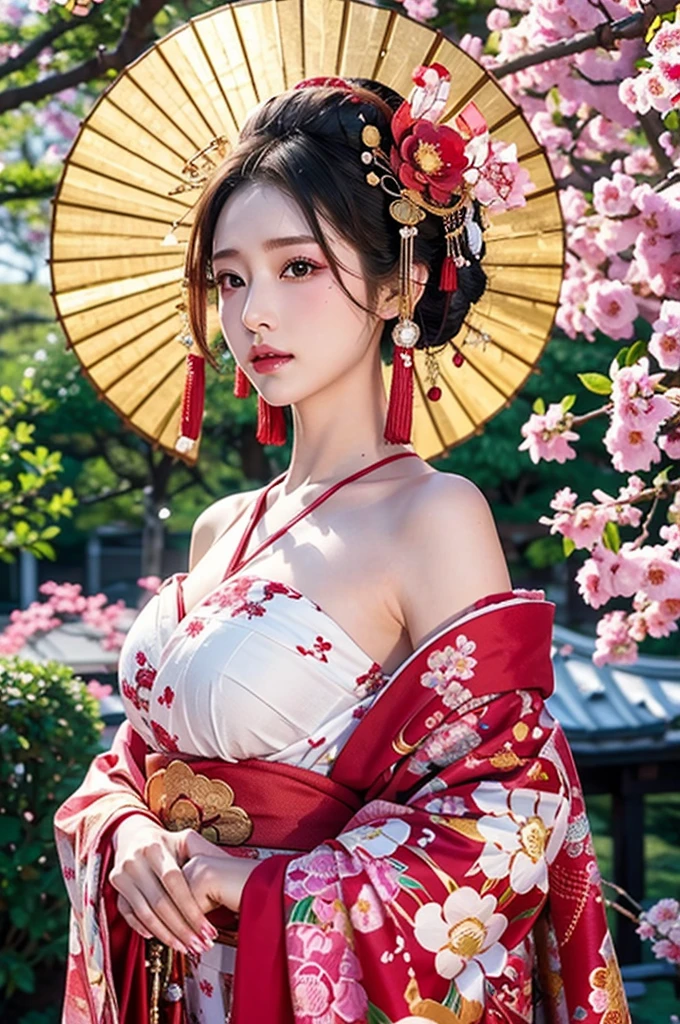 1 female, Very sexy woman, Great face and eyes, (Highly detailed eyes, Highly detailed face), (Flower pattern kimono:1.2), (Very beautiful kimono), (Cleavage:1.2), Looking for a Smile, (Highest quality:1.4), (Ultra Realistic, High resolution), RAW Photos, (Realistic, photo-Realistic:1.37), Professional photography, Cinematic Light, Old temple, cherry blossoms,