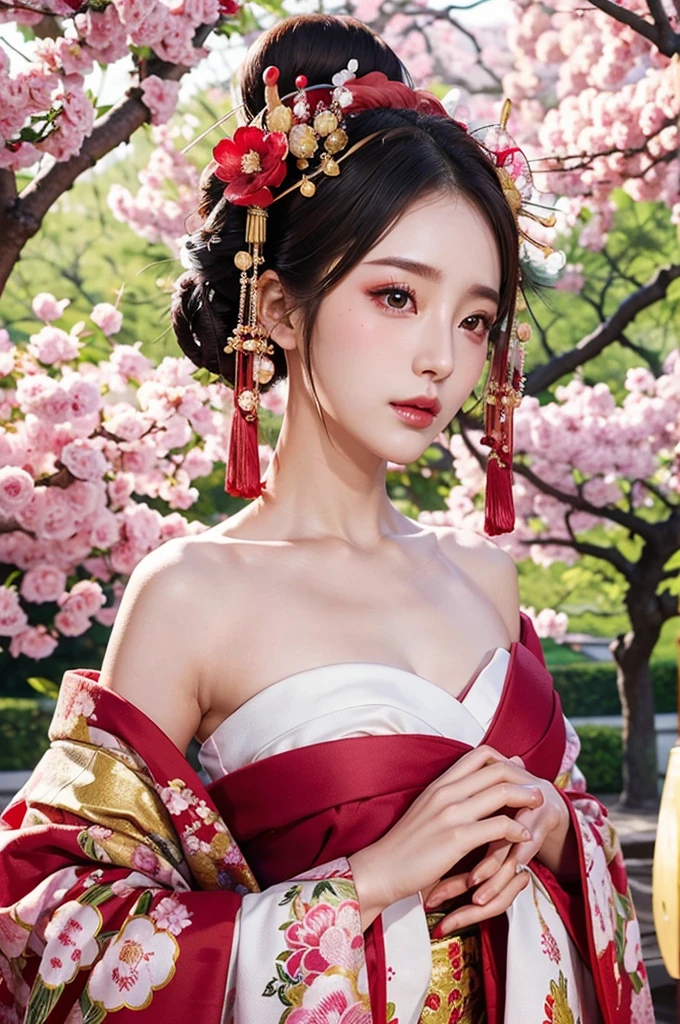 best quality, 8k, very delicate and beautiful, highly detailed face and skin texture, shiny skin, high resolution, sexy japanese oiran stand under cherry blosom tree, sharp focus