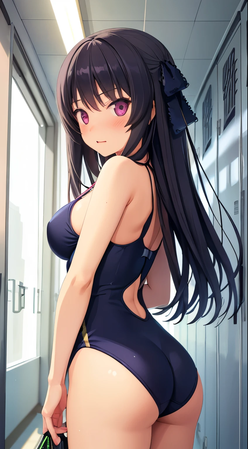 misakiao, 1girl, masterpiece, highly detailed, absurdres, illustration, game cg, solo, hair ribbon, looking back at viewer, blush, one-piece swimsuit, school, hallway, locker