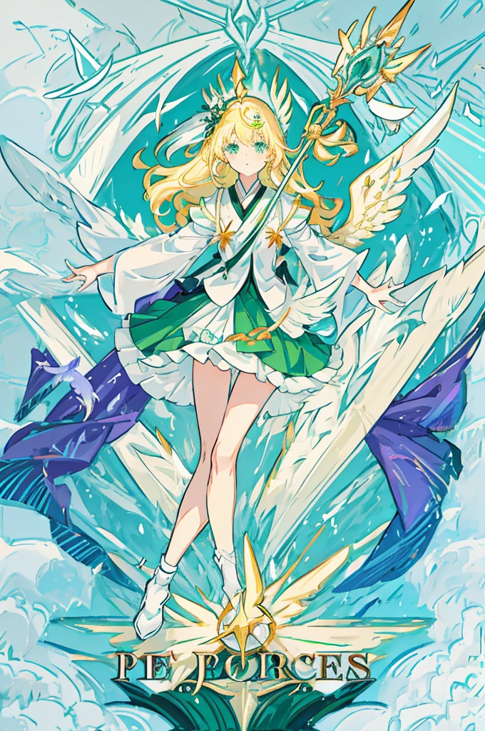 Magical girl pictures,She has long blonde hair, Green Eyes,Expression of indifference,Wearing a three-cornered magic hat,Half-chested tight tutu skirt,Holding a winged staff,Lilac background,Floating black feathers,japanese fantasy art