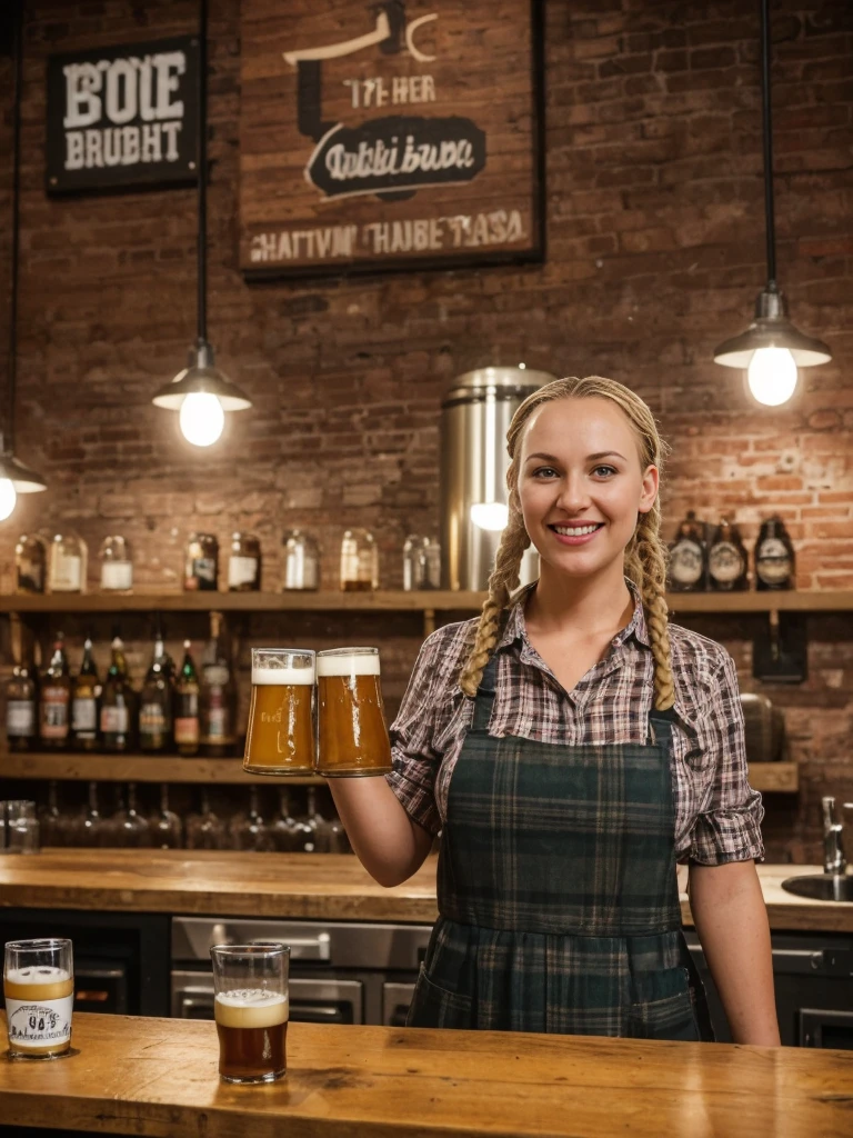 solo, realistic, photorealistic, natural lighting, (large forehead, (((Latvian woman))), (((Latvian nose))), (((Latvian eyes))), (((blonde))), (((braids))), (((Latvian face))), (((Latvian lips))), (((Latvian body))), (((fair complexion))) pose: standing, smiling, wearing Plaid Pinafore Dress, cleavage, background:  Situated in an industrial district-turned-hipster enclave, The Craft Brewpub is a hub for beer enthusiasts and aficionados of local flavors. The interior boasts exposed brick walls, industrial lighting, and communal tables made from reclaimed wood. Behind the bar, gleaming stainless steel tanks showcase the brewing process, while chalkboards list rotating taps of small-batch beers brewed on-site. Patrons engage in lively discussions about hop profiles and brewing techniques, sampling flights of IPAs, stouts, and seasonal ales. The atmosphere is convivial, with a focus on community, creativity, and the art of craft brewing.