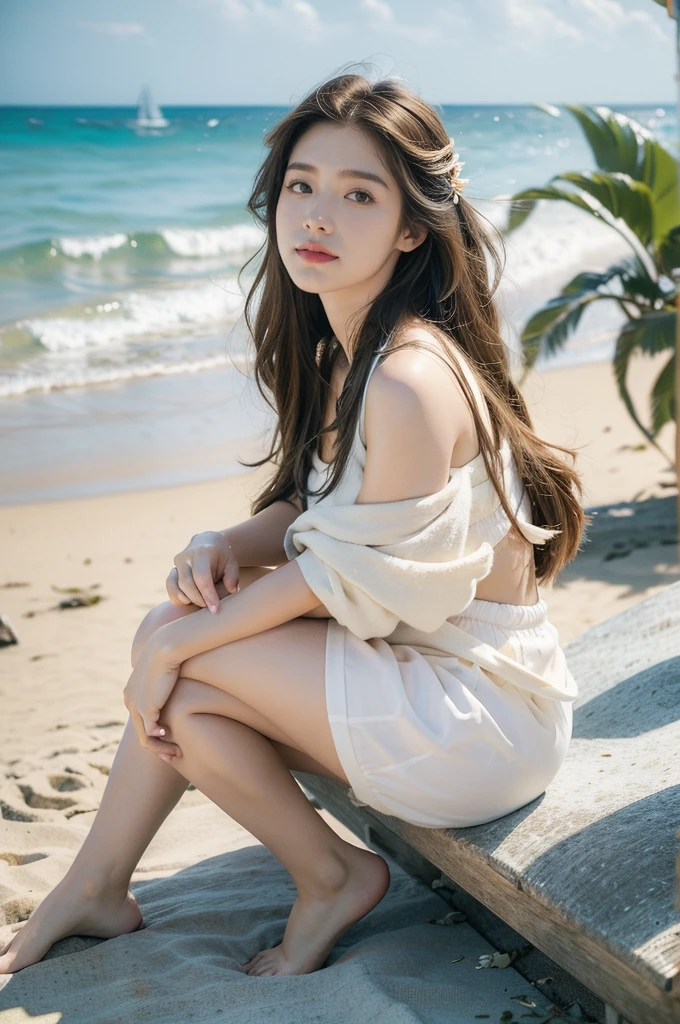 (((best quality))),(((ultra detailed))),(((masterpiece))),illustration,1girl, young, summer outfit, long hair, beach, sea, sky, sunny, overcast, horizon, sand, young girl, joyful expression, love for life, summer elements,flowers, palm trees, seagulls, chirping cicadas, guitar sound, bird flight, rainbow, hope, dreams, gentle waves, marine accessories, shells, starfish, warm composition, idyllic, tranquil, vibrant image, leap from canvas, summer's essence, youthful spirit, captivating, charming