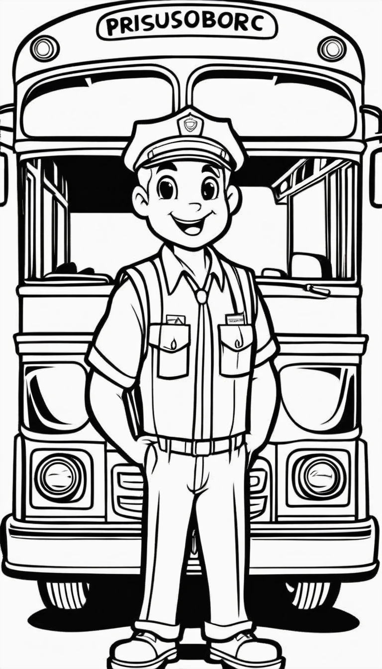 A cute bus driver in front the bus, cartoon, ,Coloring Book, ColoringBookAF,
