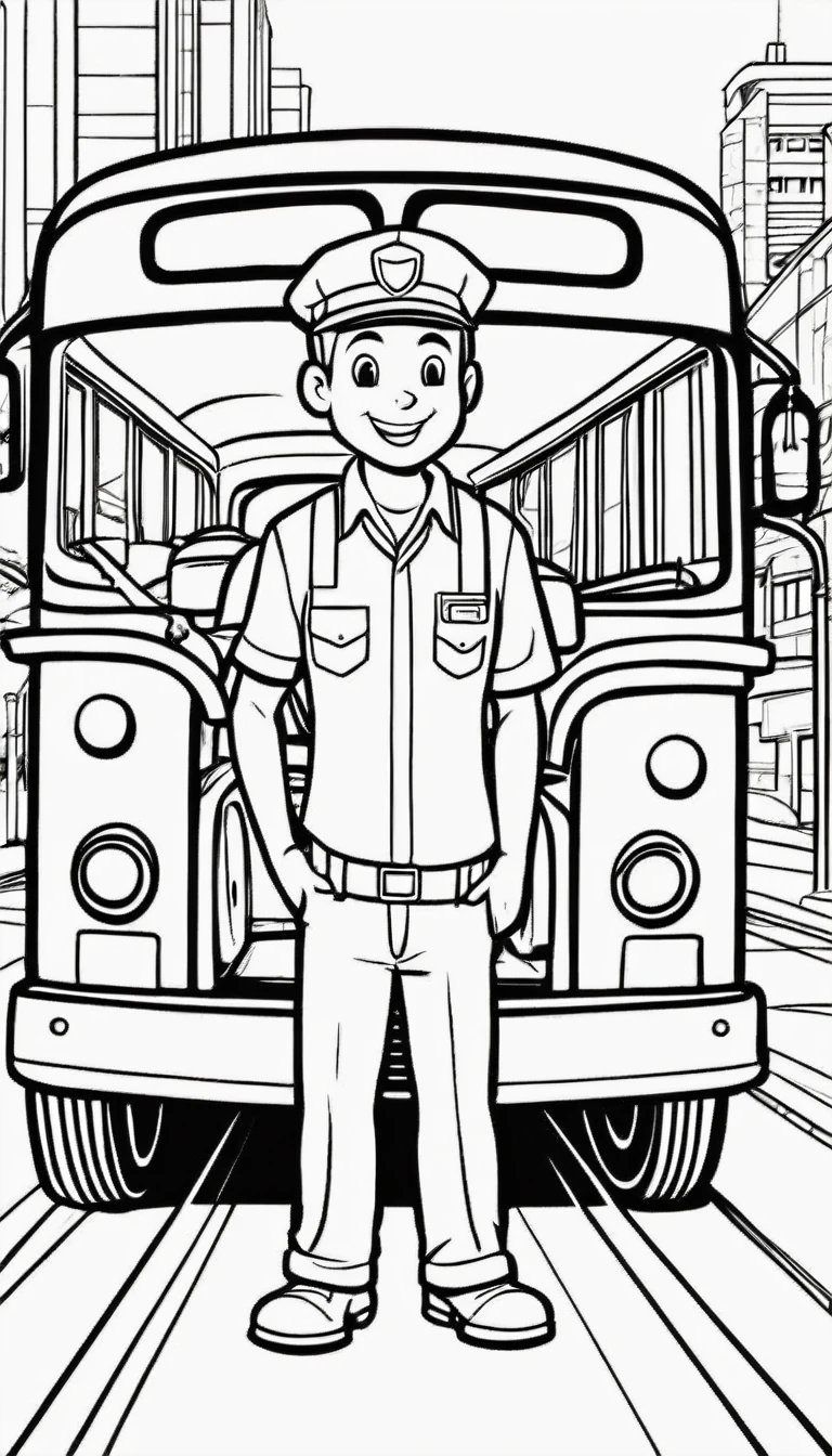 A cute bus driver in front the bus, cartoon, ,Coloring Book, ColoringBookAF,