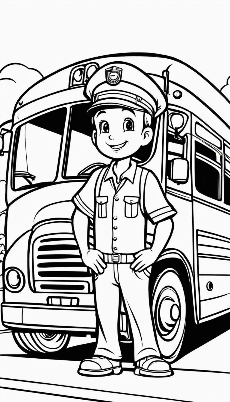 A cute bus driver in front the bus, cartoon, ,Coloring Book, ColoringBookAF,