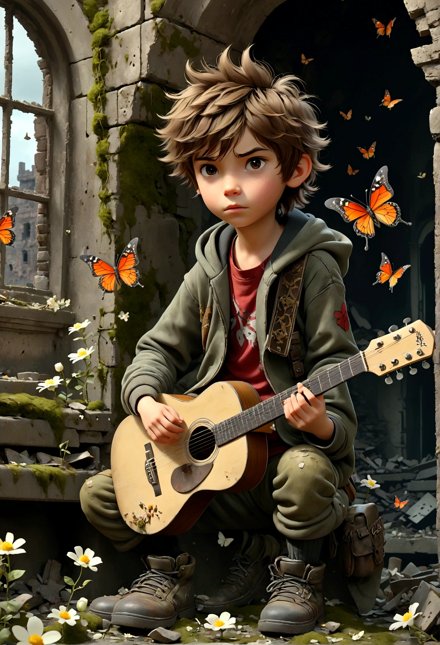 Gunshots outside the window，Flying fighter aircraft，Boy playing guitar in the ruins, Brown Hair，Pushed down, Eye Gaze，Dirty Face，Desolate, moss covered, Dilapidated, dirty, (Highest quality,4K,8K,High resolution,masterpiece:1.2),Very detailed,(practical,photopractical,photo-practical:1.37),Dark fantasy,strict,Mood Lighting,Dramatic Shadows,movie,Moody color palette,Soft tones,garbage,corruption,Weathered，Shabby，small white flowers，Dungeons，Grave，Black and Red，There is a broken bowl in front.，Footprint，stage，vine，rainwater，swarm of glowing butterflies，A group of transparent wandering souls， Ghost、Neon Light、night、cyber punk、Headphones on neck、Animal ears hoodie、