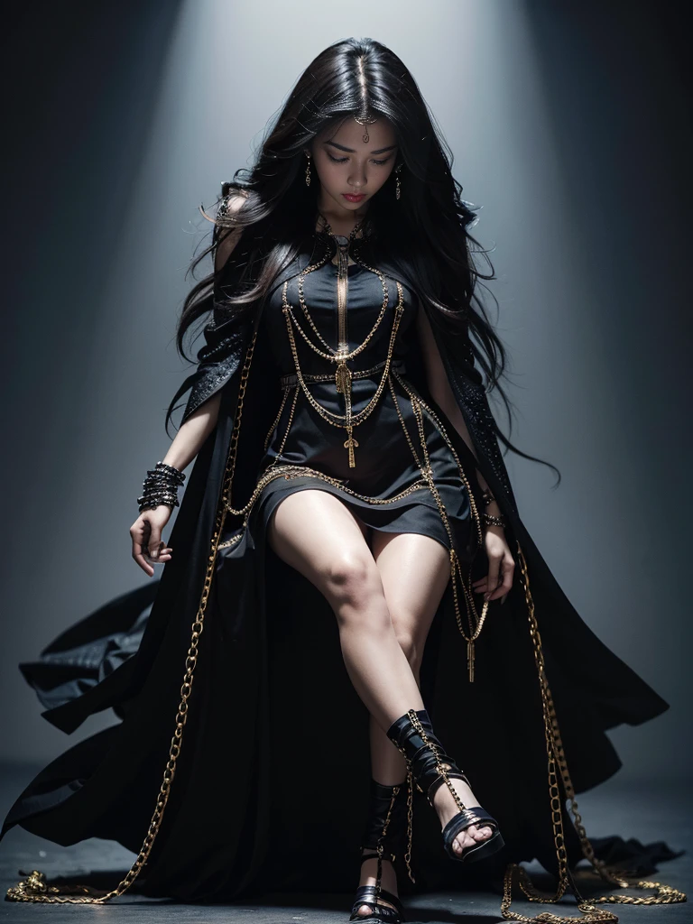 Skinny girl, Chains around my feet, Very beautiful, Dynamic pose, 1 Girl, Detailed face, Fine grain, Detailed lips, Detailed faceの特徴, Complex chains, Metal Chain, Intricate details, Sulky, Chiaroscuro, High Contrast, Digital Art, Concept Art, 8K, Highest quality, masterpiece, There are a lot of chains on my feet