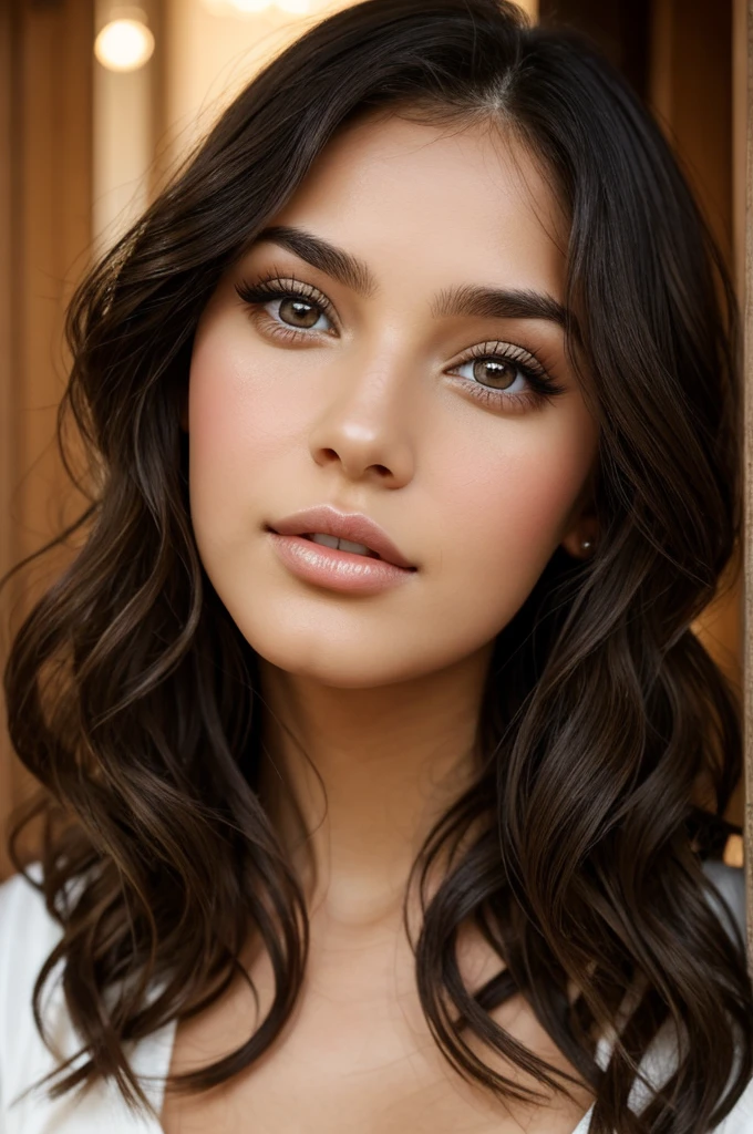 brunette girl, with black curly hair brown almond eyes long eyelashes straight nose thick lips oval face