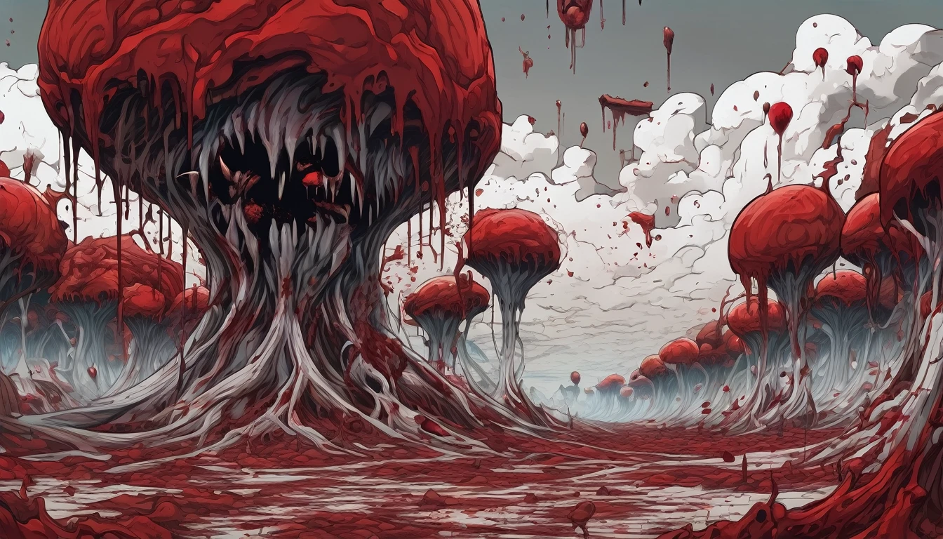 a world made of nightmares where the sky is covered in screaming faces and the ground is full of human teeth and blood art style is surreal