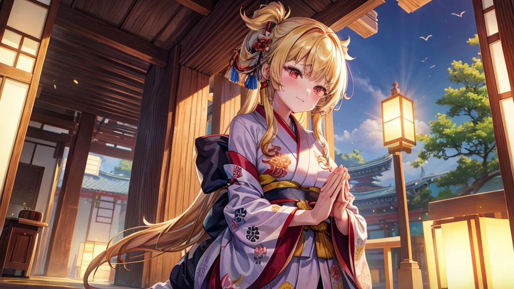 kaela praying in temple, wearing kimono, vibrant color, colorful