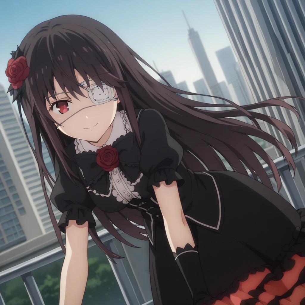 score_9, score_8_up, score_7_up, source_anime,
kurumitokisaki, kurumi tokisaki, black hair, red eyes, long hair,
bangs, hair ornament, dress, flower, short sleeves, frills, hair flower, black dress, rose, eyepatch, red flower, red rose, medical eyepatch, frilled dress, puffy sleeves,
outdoors, cityscape, bent over, smile,
looking at viewer, solo, cowboy shot, dutch angle,