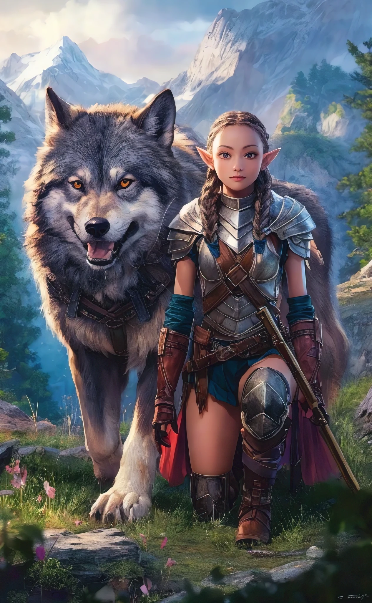 A stunning photorealistic illustration of a captivating elf ranger and her massive dire wolf companion, both patrolling a mystical mountain forest. The elf ranger, adorned in detailed armor, has long braided hair, a perfect face with big, gorgeous eyes, and a perfect slim fit body. She is entirely serious, focusing on their afternoon patrol. The forest is filled with bright, vivid colors, and the scene is both enchanting and immersive., illustration, anime