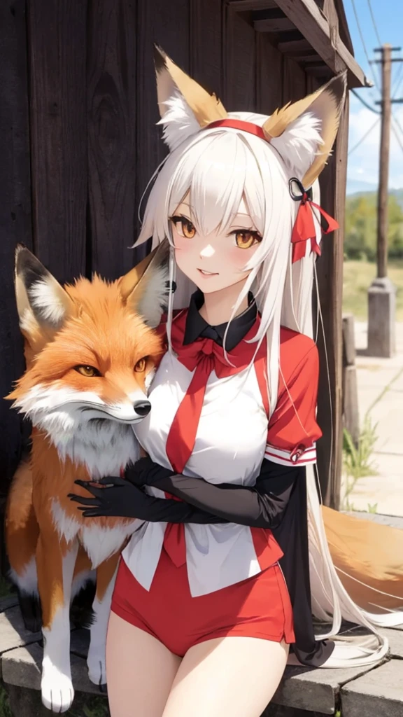 fox Girl, fox&#39;Tail，A girl、 Open chest kimono,Long hair、Gentle、((Maid costume))、external、grassland