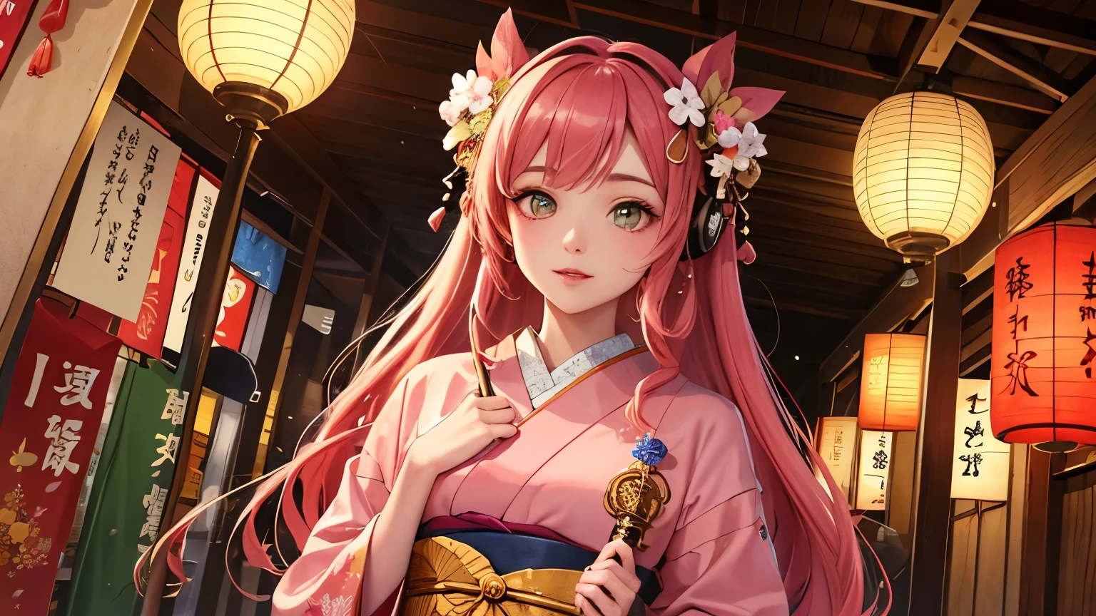 ((Highest quality)), ((masterpiece)), (detailed), One girl, セクシー
Here is the English translation of the prompt:

Prompt:

"Depict a Japanese street with dimly lit lanterns in the background, and in the foreground, portray a glamorous woman in traditional Japanese clothing. She has pink hair adorned with luxurious hair ornaments (red and green flowers, golden decorations). Her eyes are gold and red, highlighted with vivid pink eyeshadow. Her lips are red and slightly glossy. The woman is holding a long, Thin Kiseru (Japanese smoking pipe) in one hand and is gazing towards the camera. Her kimono features traditional floral patterns, creating an overall fantastical and beautiful atmosphere. She is wearing headphones. The girl has long pink hair."

