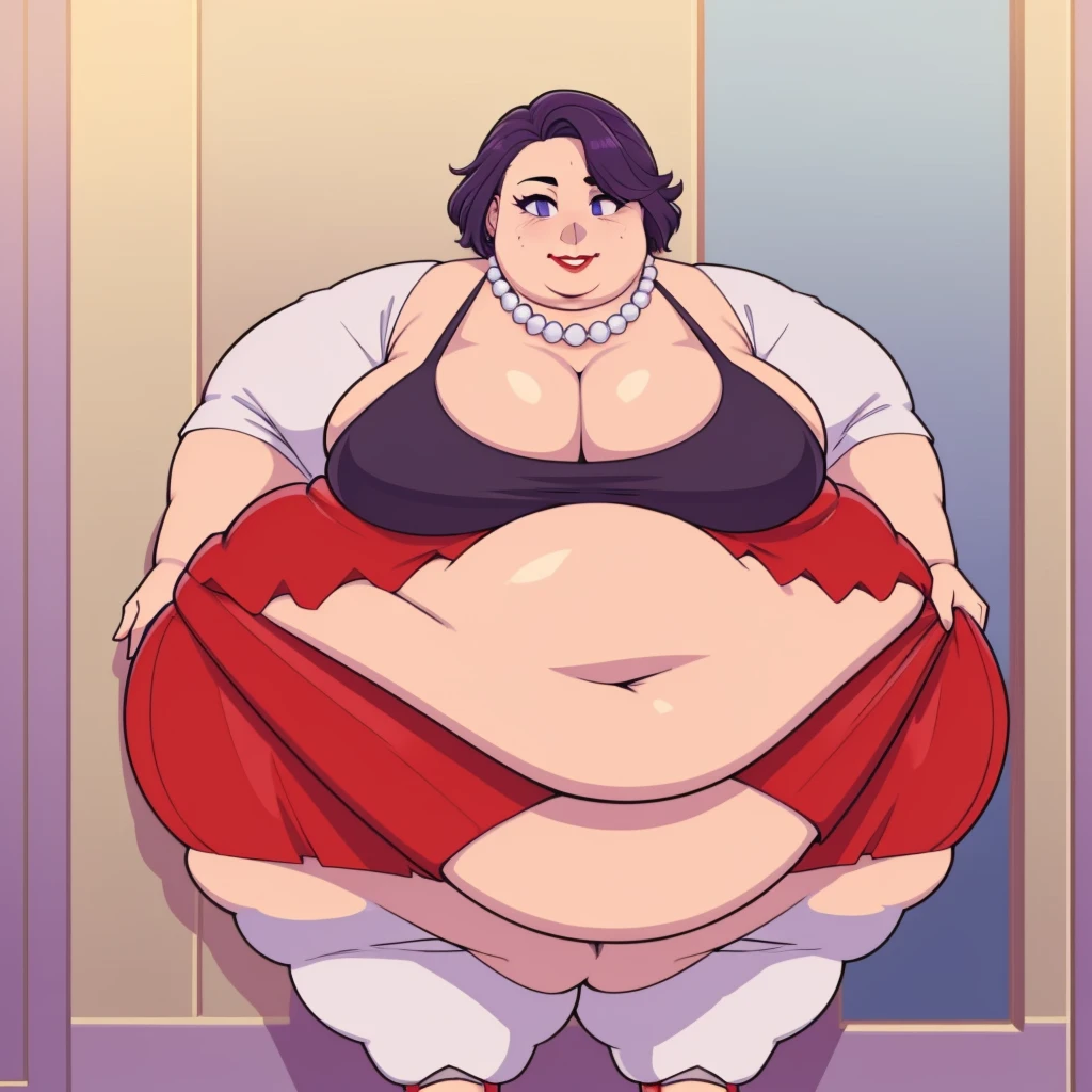 (Obese:1.3)Middle aged, mommy, hands on hips, casual pose, smiling, Full body, bedroom, looking at viewer, Short bob haircut, Windswept Messy Bob purple Hair, eyeliner, (red dress), (red lipstick), (light blue pearl necklace), cleavage, milf, mature, (purple eyes) Round face, double chin, fat chin, fat cheeks, fat neck, round face, SSBBW, flabby arms, round face, double chin, fat double chin, big double chin, fat neck, chubby cheeks, fat thighs, fat calves, morbidly obese, flabby boobs, giant , large belly, obese, fat face, belly, double chin, obesity, flabby breasts, fat arms and legs, fat everything,