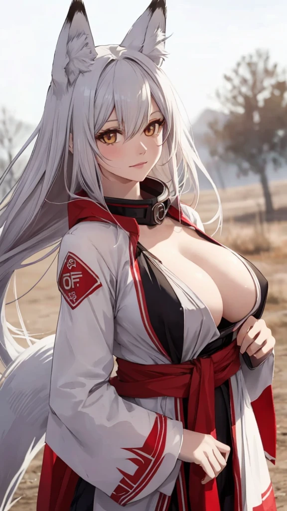 fox Girl, fox&#39;Tail，A girl、 Open chest kimono,Long hair、Gentle、((Maid costume))、external、grassland