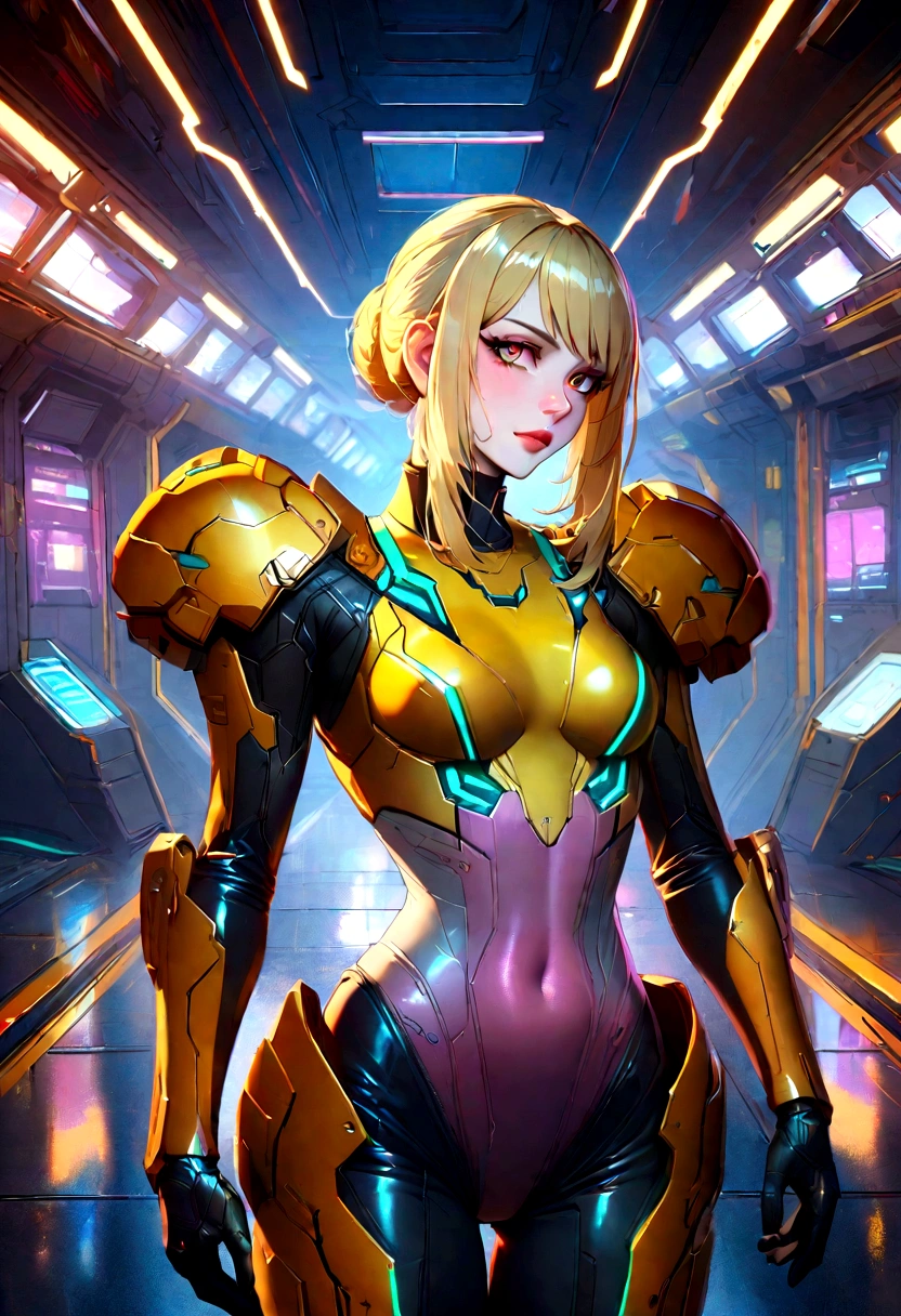 (masterpiece, highest quality, highest resolution, clear_image, Very elaborate CG, cinematic lighting, ray tracing, drop shadow, Detailed details, (realistic: 1.4),whole body, high quality texture, fine-grained, realistic facial expressions): (single girl, golden hair girl, short hair, small size breasts, Sparkling black eyes, eye level shot, metallic gold flight suit, robot girl、whole bodyカバー服, light smile, beauty, Because I&#39;m slender, exoskeleton,Exchanging limbs、Futanari、heroine, headset, Knee-high boots, gloves)