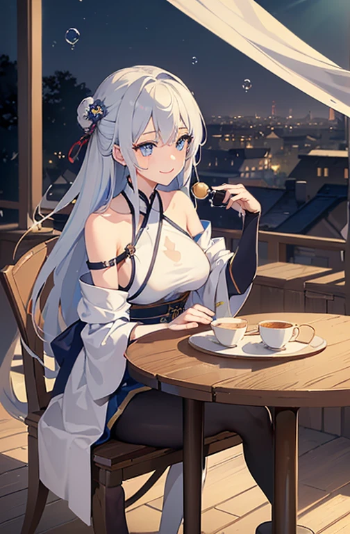 (masterpiece), (best quality), (Very detailed), (Dirty hair), (illustration), (1 girl) (Long gray hair 1.5) (blue eyes), ((((No shoulders))),Hanfu, (Looking at the audience, (interview), ( background), Beautiful and delicate eyes, Delicate and beautiful face, spiked (High Saturation), (Colorful flash), Colorful bubbles, (flash), Facial highlights, PerfectNwsjMajic, Unemployed, Autumn clothes, For the masses, Perfect body, Happy, Warm smile, whole body, Tights, Tea, table, house