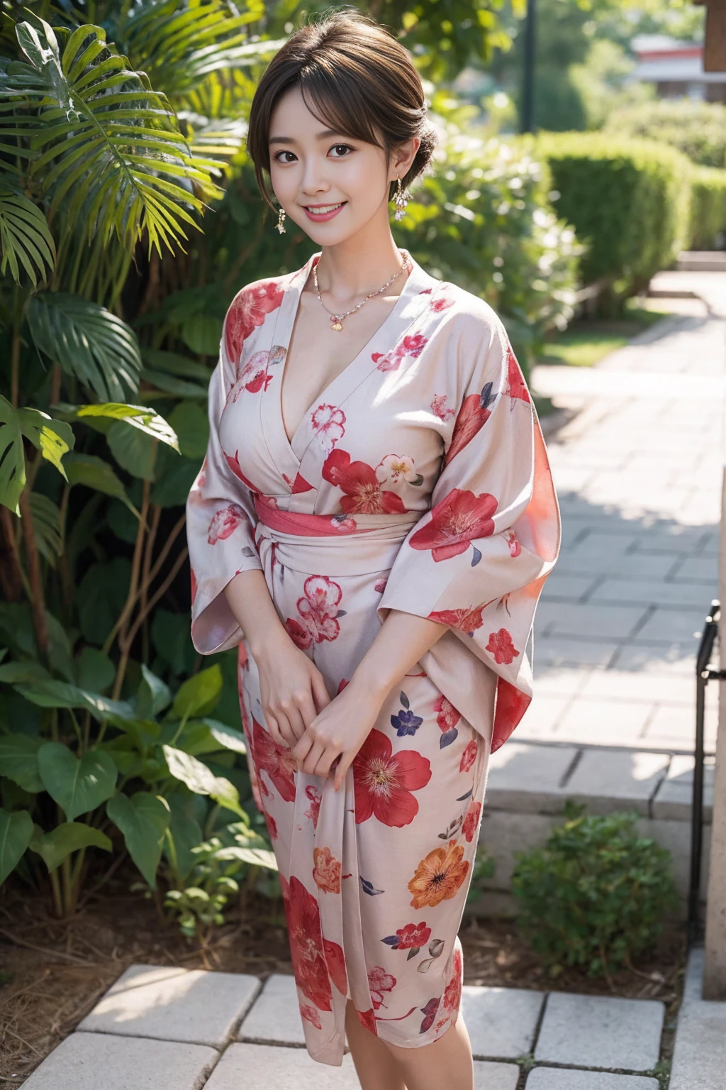 Highest quality,8K, Detailed facial depiction, Detailed description of the eyes,One Woman, Light brown hair(Short Hair),Beautiful Japanese Girl,24-years-old,Cute eyes,Cute Smile,Yukata beauty,Red floral yukata,Slender body, Large, plump breast size, Long and beautiful legs,Smiling, Colorful earrings,necklace,Are standing,Beautiful nape,Summer festival