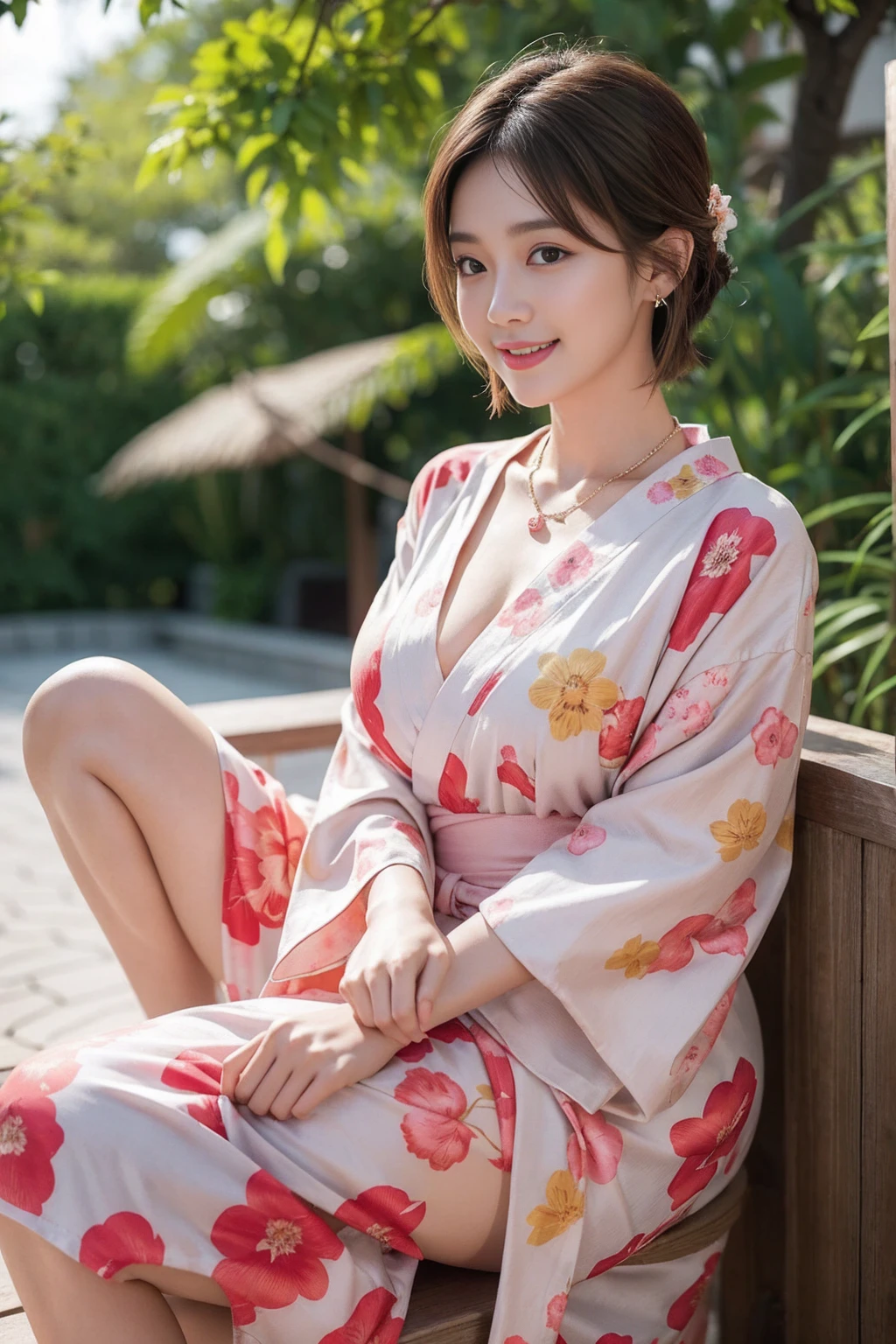 Highest quality,8K, Detailed facial depiction, Detailed description of the eyes,One Woman, Light brown hair(Short Hair),Hair tied up,Beautiful Japanese Girl,24-years-old,Cute eyes,Cute Smile,Yukata beauty,White floral yukata,Slender body, Large, plump breast size, Long and beautiful legs,Smiling, Colorful earrings,necklace,Are standing,Beautiful nape,Summer festival