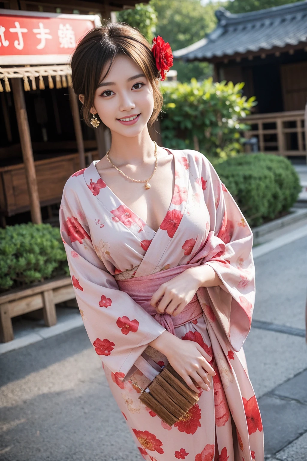 Highest quality,8K, Detailed facial depiction, Detailed description of the eyes,One Woman, Light brown hair(Short Hair),Beautiful Japanese Girl,24-years-old,Cute eyes,Cute Smile,Yukata beauty,Red floral yukata,Slender body, Large, plump breast size, Long and beautiful legs,Smiling, Colorful earrings,necklace,Are standing,Beautiful nape,Summer festival