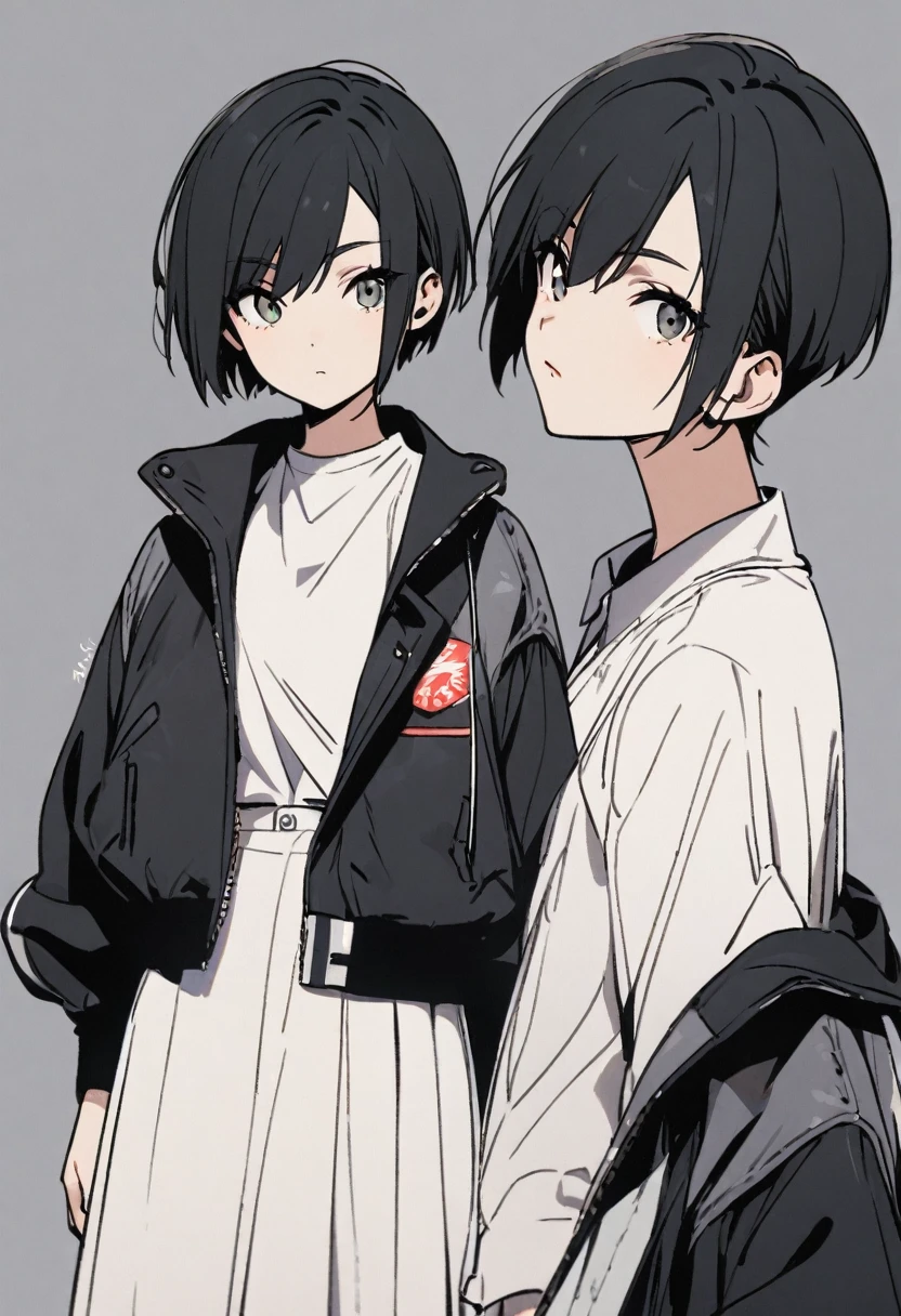 black hair, white shirt, jacket, 1girl, short hair, boyish, stylish