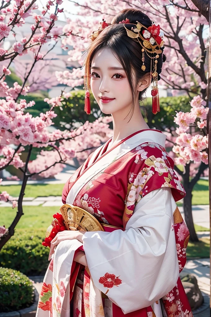 best quality, 8k, very delicate and beautiful, highly detailed face and skin texture, shiny skin, high resolution, sexy japanese oiran stand under cherry blosom tree with smile, sharp focus
