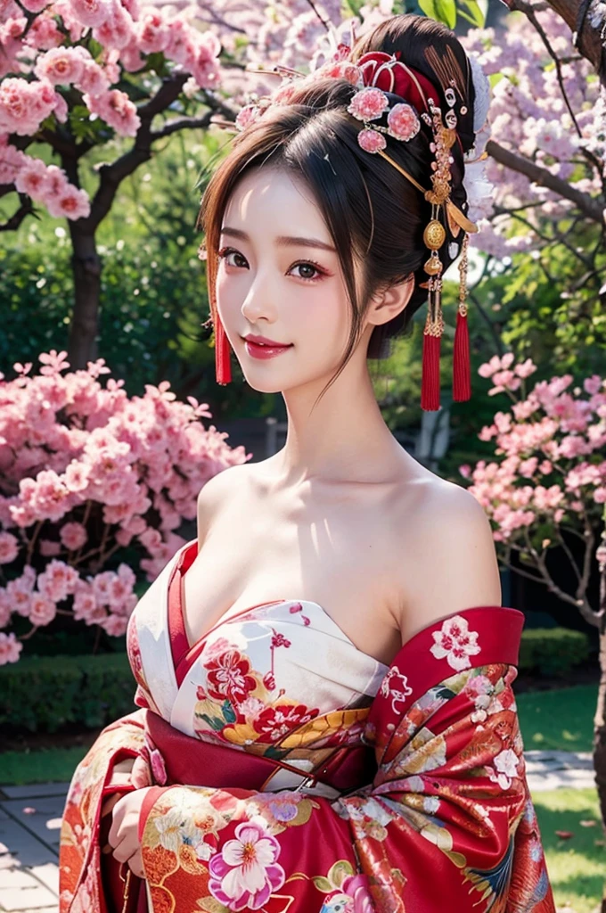 best quality, 8k, very delicate and beautiful, highly detailed face and skin texture, shiny skin, high resolution, sexy japanese oiran stand under cherry blosom tree with smile, sharp focus