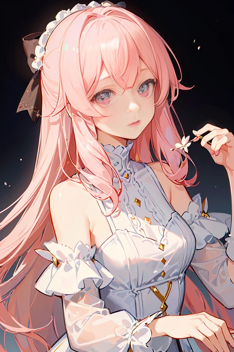 ((Highest quality)), ((Masterpiece 1.2)), (((Extremely delicate and beautiful))), ((Cute and delicate face)), One cute girl, Light pink hair, Fluffy long hair, Bangs, Plain white background,