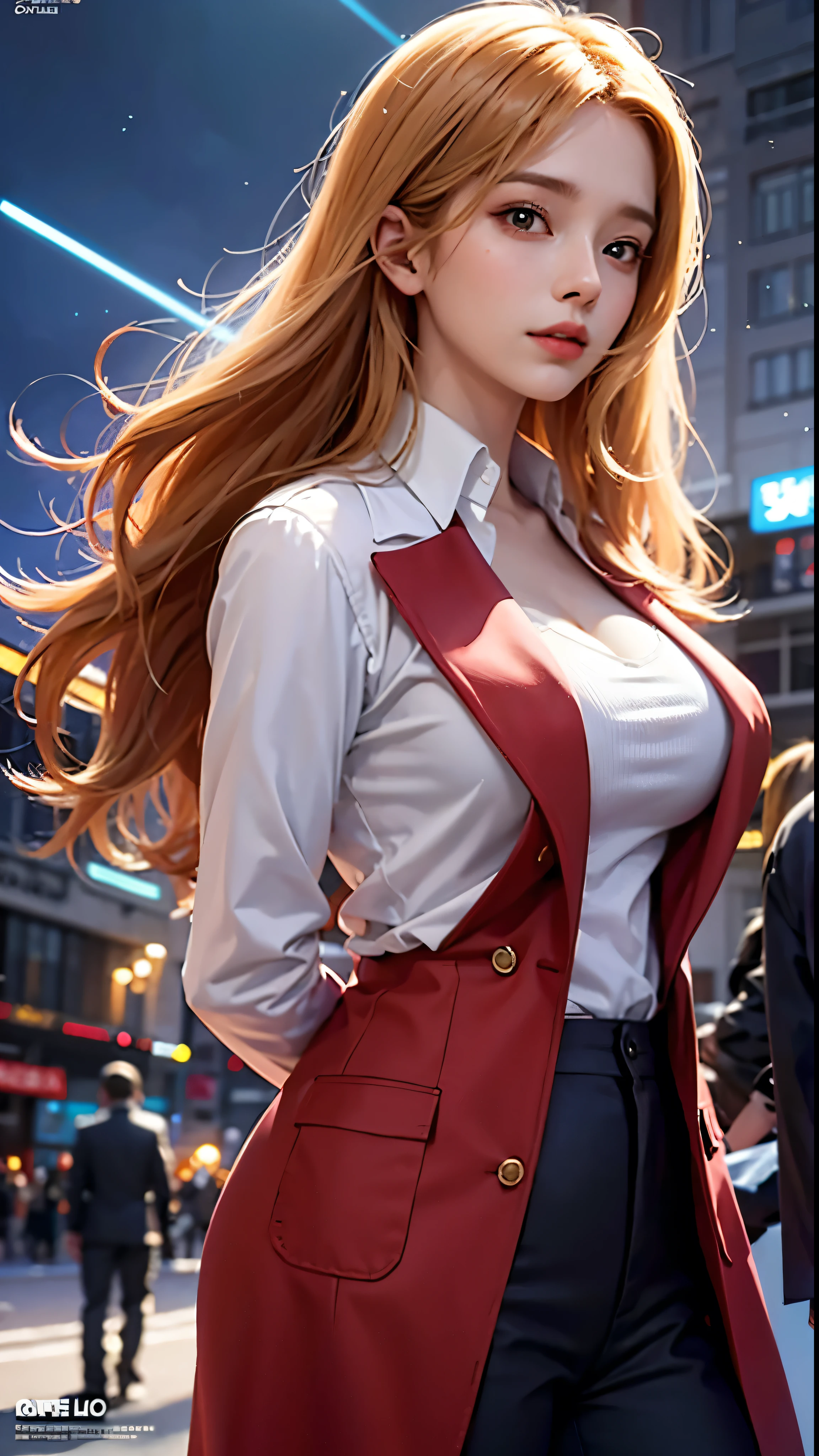 (Realistic:0.2)、Anime illustration、 1 Girl、Red coat、Blonde Hair、 A stage set in Paris, France『Workplace(SFW)』 Black trousers、Black office shirt、 Carmen Sandiego Features、 Bright blue sky、Dramatic long hair、 Under an impressive lightning display、 Shine light directly on your face、Magnifying Light、 Backlight、The face is illuminated、 Fill Lamp、FIL Light、(masterpiece)、 Carmen Sandiego Version 1.1 - Shurik's Artwork: 0.6