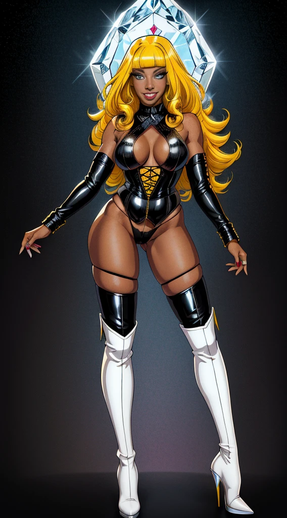 Sexy Hermaphrodite, Plump, pursed lips, freckles, Long curly black and yellow hair with bangs, Crystal blue eyes with smoky eyeshadow and black eyeliner, Black semi-matt lipstick, Dark Skin, A frivolous, proud smile, ,Full body image、Background white、Stiletto heel thigh-high boots
