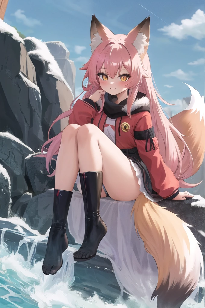 fox Girl, fox'Tail,A girl、 Open chest kimono,Long hair、Gentle、((Maid))、grassland