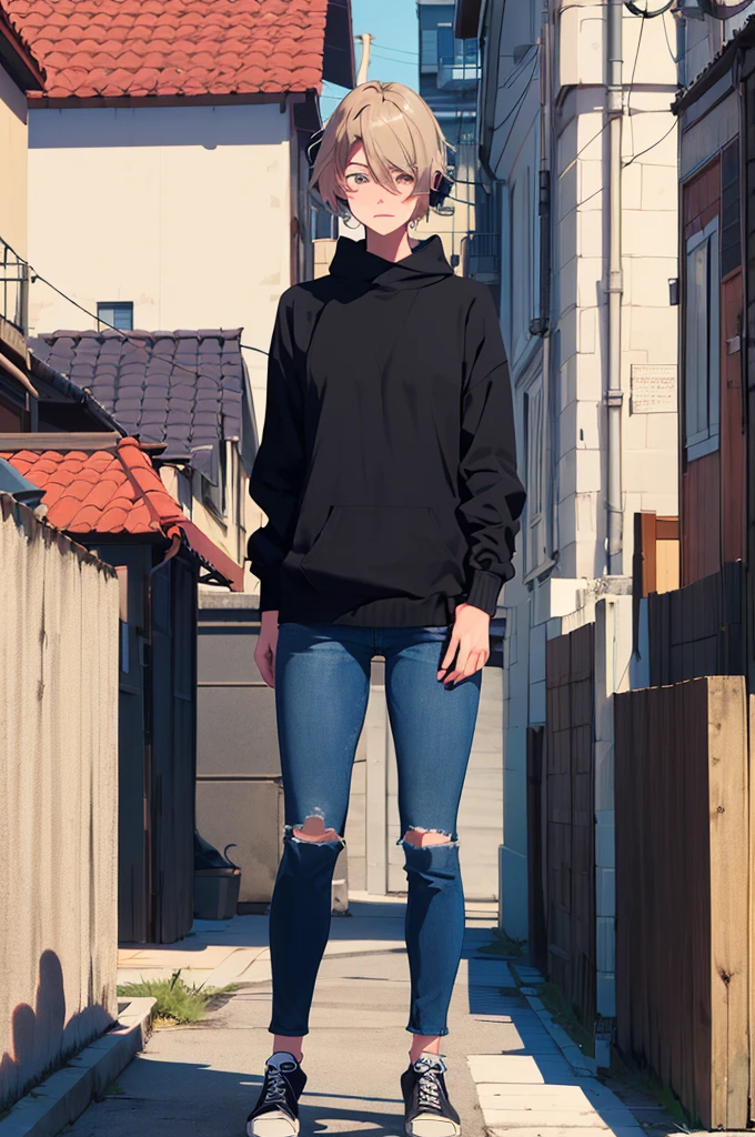(masterpiece:1.3),(best quality:1.2),(absurdres:1.1), (full body:1.1), dark hair, large sweater, no pants,
mgk_akane, covered ears,looking at viewer,
(highly detailed face and eyes:1.1),standing on a rooftop, simple background,