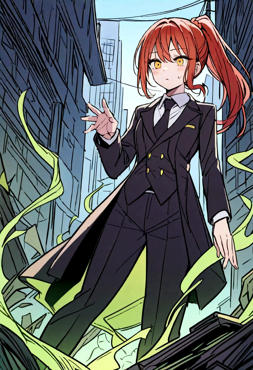 ```json
{
"prompt": "Makima from Chainsaw Man standing in a dark urban setting. She is a young woman of medium height with a slender figure and long, straight, reddish hair tied in a ponytail. Her eyes are yellow with a hypnotic circular design. She wears a formal uniform consisting of a white shirt, black tie, and black dress pants. Her expression is calm and controlled, exuding an aura of authority and mystery. The background features tall buildings and neon lights contrasting against the night sky. The streets are wet from recent rain, reflecting the colorful lights. There are also battle debris like destroyed parts of buildings and abandoned cars, highlighting the dangerous and apocalyptic environment.",
"size": "1024x1792",
"n": 1
}
```