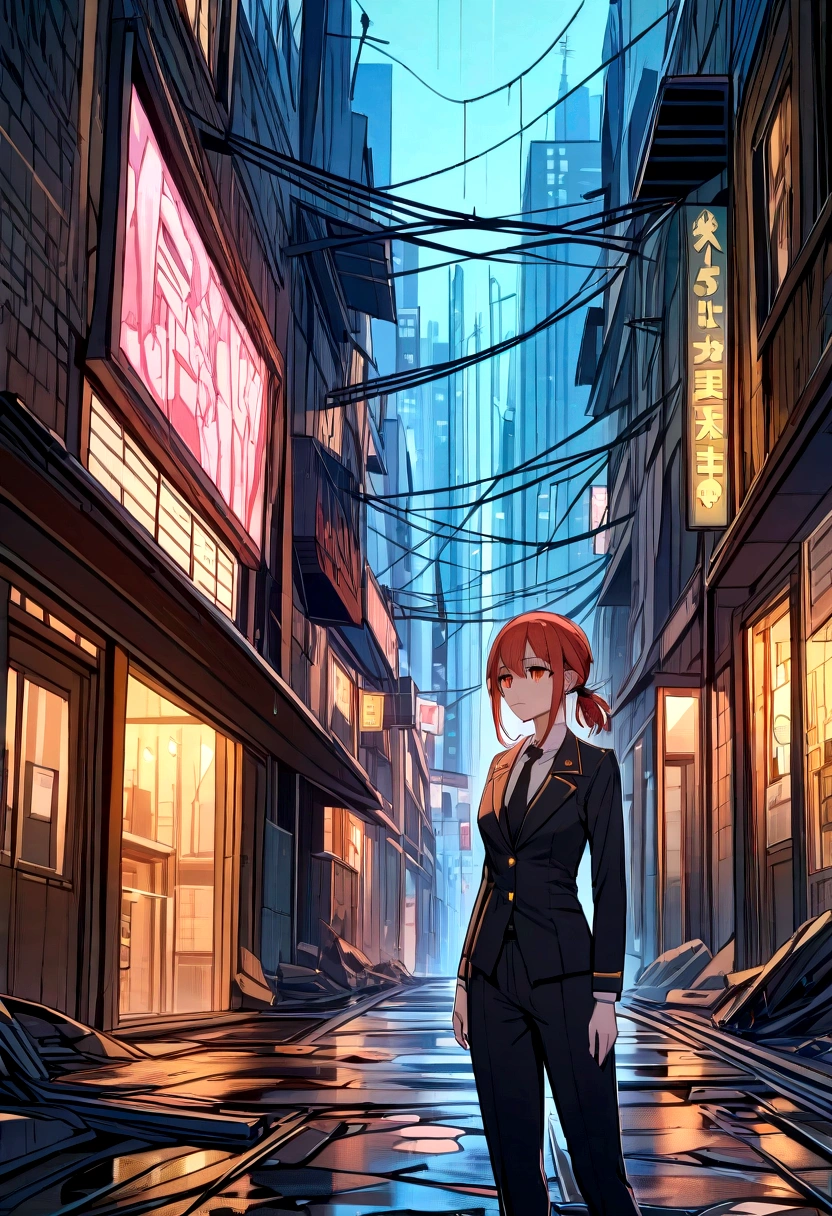 ```json
{
  "prompt": "Makima from Chainsaw Man standing in a dark urban setting. She is a young woman of medium height with a slender figure and long, straight, reddish hair tied in a ponytail. Her eyes are yellow with a hypnotic circular design. She wears a formal uniform consisting of a white shirt, black tie, and black dress pants. Her expression is calm and controlled, exuding an aura of authority and mystery. The background features tall buildings and neon lights contrasting against the night sky. The streets are wet from recent rain, reflecting the colorful lights. There are also battle debris like destroyed parts of buildings and abandoned cars, highlighting the dangerous and apocalyptic environment.",
  "size": "1024x1792",
  "n": 1
}
```