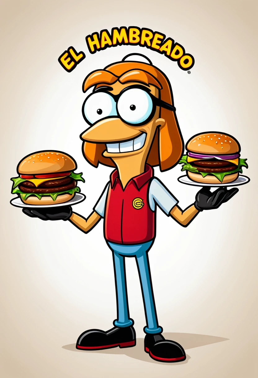 Generate a logo mascot of a Hamburguer Man for a restaurant called "El Hambreado" where hotdogs and hamburgers are served. El estilo de dibujo tiene que ser el de la serie "Futurama" 