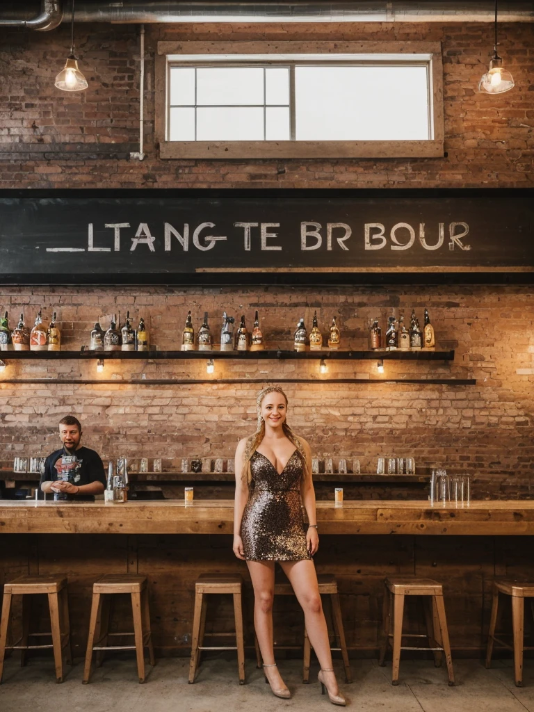 solo, realistic, photorealistic, natural lighting, (large forehead, (((Latvian woman))), (((Latvian nose))), (((Latvian eyes))), (((blonde))), (((braids))), (((Latvian face))), (((Latvian lips))), (((Latvian body))), (((fair complexion))) pose: standing, smiling, wearing Sequin Mini Dress, cleavage, background: Situated in an industrial district-turned-hipster enclave, The Craft Brewpub is a hub for beer enthusiasts and aficionados of local flavors. The interior boasts exposed brick walls, industrial lighting, and communal tables made from reclaimed wood. Behind the bar, gleaming stainless steel tanks showcase the brewing process, while chalkboards list rotating taps of small-batch beers brewed on-site. Patrons engage in lively discussions about hop profiles and brewing techniques, sampling flights of IPAs, stouts, and seasonal ales. The atmosphere is convivial, with a focus on community, creativity, and the art of craft brewing.