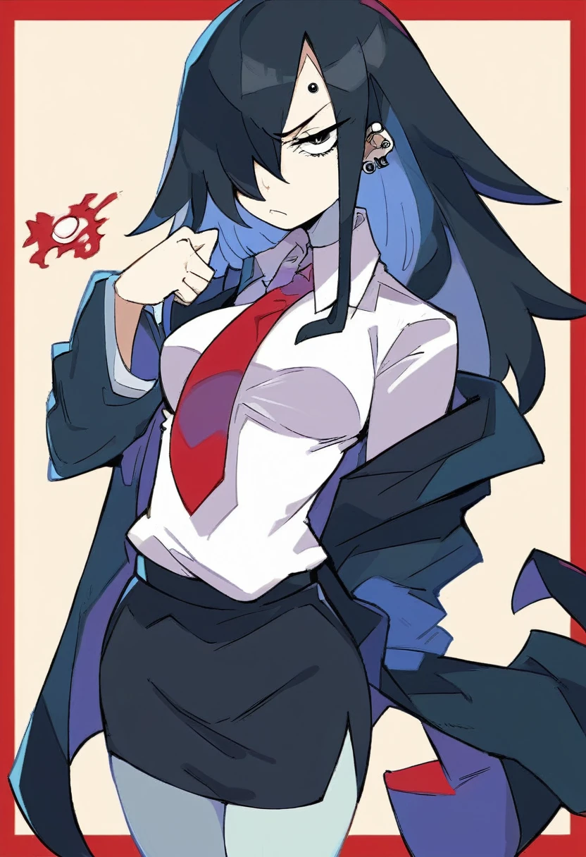 score_9, score_8_up, score_7_up, expressive eyes, perfect face, 1girl, solo, long hair, breasts, looking at viewer, skirt, simple background, shirt, black hair, long sleeves, closed mouth, white shirt, cowboy shot, necktie, collared shirt, hair over one eye, black vest, black pants, frown, piercing, half-closed eyes, red necktie, cropped legs, one eye covered