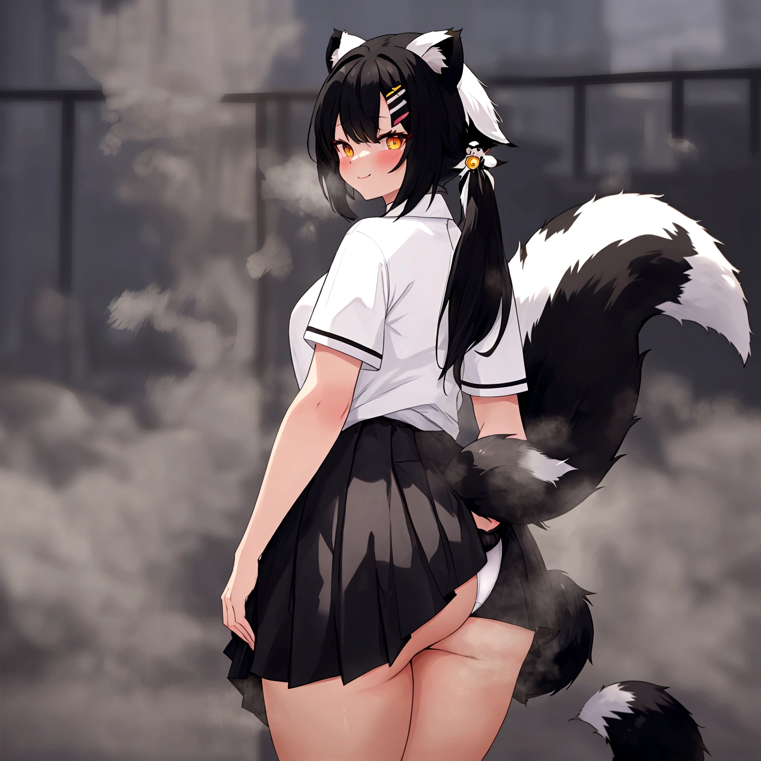 masterpiece:1.2,top-quality),((((Blurry background with deep fog)))), (genshin impact), (((skunkgirl))), (((skunk tail))), (((Giant tail))), Animal ears, ((black hair)), (((white hairline in the middle front))), standing, Turn around and look down, massive butt, Sticking out the butt, black Skirt, ((Anemo vision on the waist)), panties(white panties), black long stoking, Fart, Farting, onara, Fart from the ass, Yellow smoke, Skirt lifted because of farting, Smile, happy