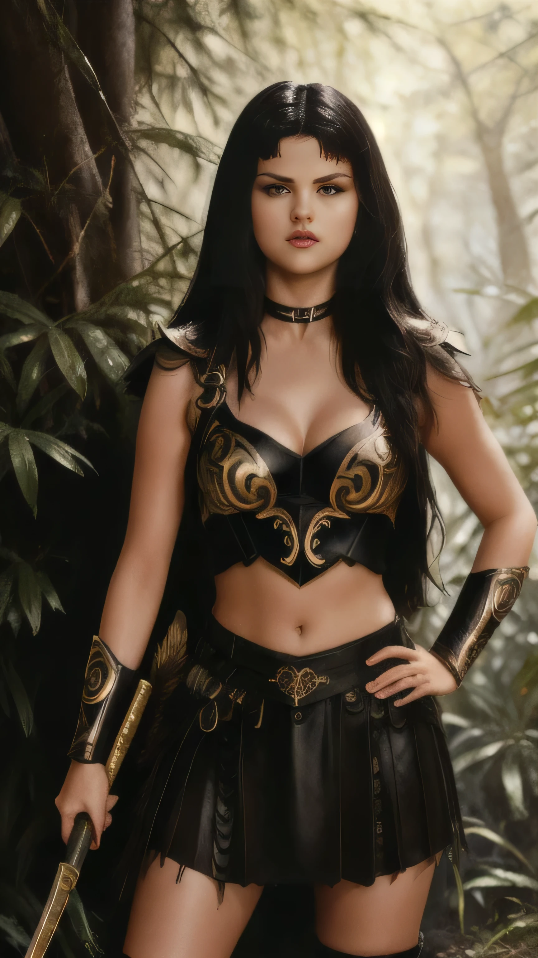 (Selena Gomez) as Xena, warrior princess, black long hair, bangs, dark brown armor, golden patterns, midriff, navel, hihg knee boots on heels, staff, standing, in the forest, 1woman, solo, full body view, front view, looking at viewer, intricate, high detail, sharp focus, dramatic, photorealistic painting art by greg rutkowski