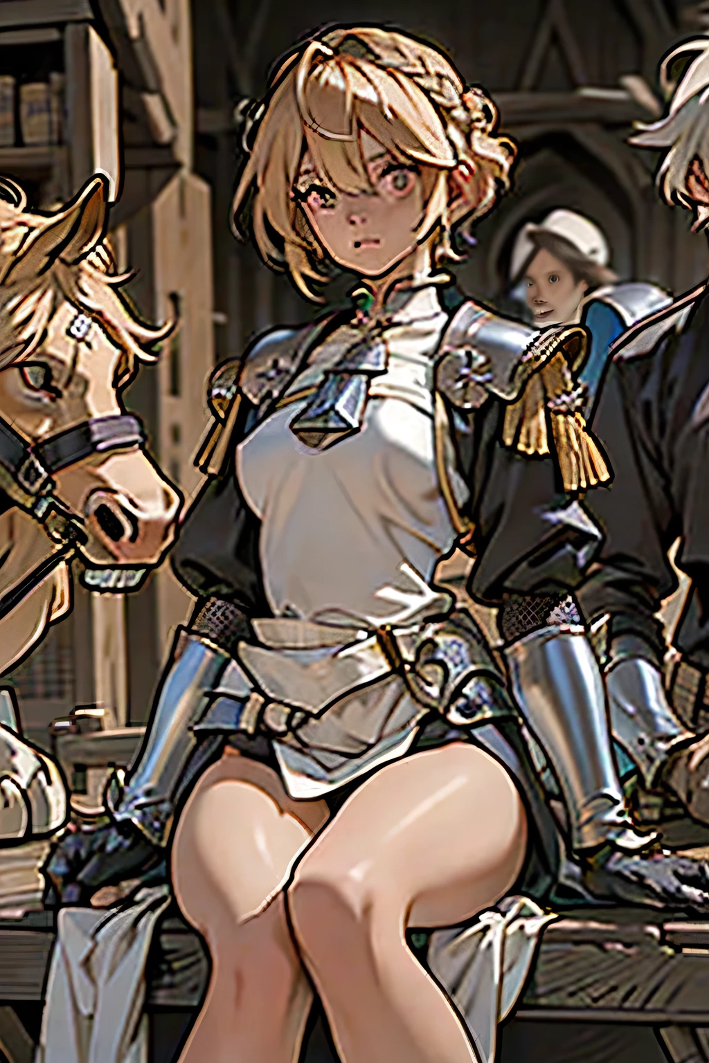 ,Perfect ,don quixote \(limbus company\, Naked、Blonde hair, Short hair, hair between eye, Orange Eyes, She straddles the bayonet、(Musketeers in medieval Europe )、hiqcgbody