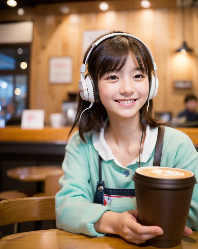  Looking at this, smile, Ultra HD、128ｋ、Masterpiece、Cute little kindergarten girl studying in a coffee shop while listening to music on headphones、clavicle, RAW Photo、pretty girl、Hands on headphones, Warm lighting、Beautiful night view、Japanese anime style, Smile