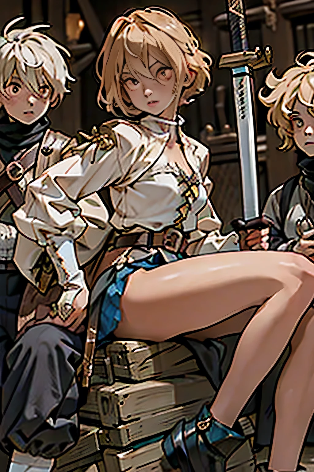 ,Perfect ,don quixote \(limbus company\, Naked、Blonde hair, Short hair, hair between eye, Orange Eyes, She straddles the bayonet、(Musketeers in medieval Europe )、hiqcgbody