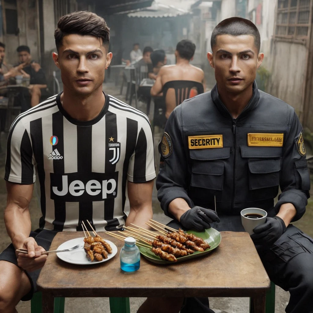 hyper realistic cristiano ronaldo wearing juventus jersey and ,25 year old Asian man with buzz cut hair wearing security clothes sitting on chair near table in seedy bar while eating satay and drinking black coffee.