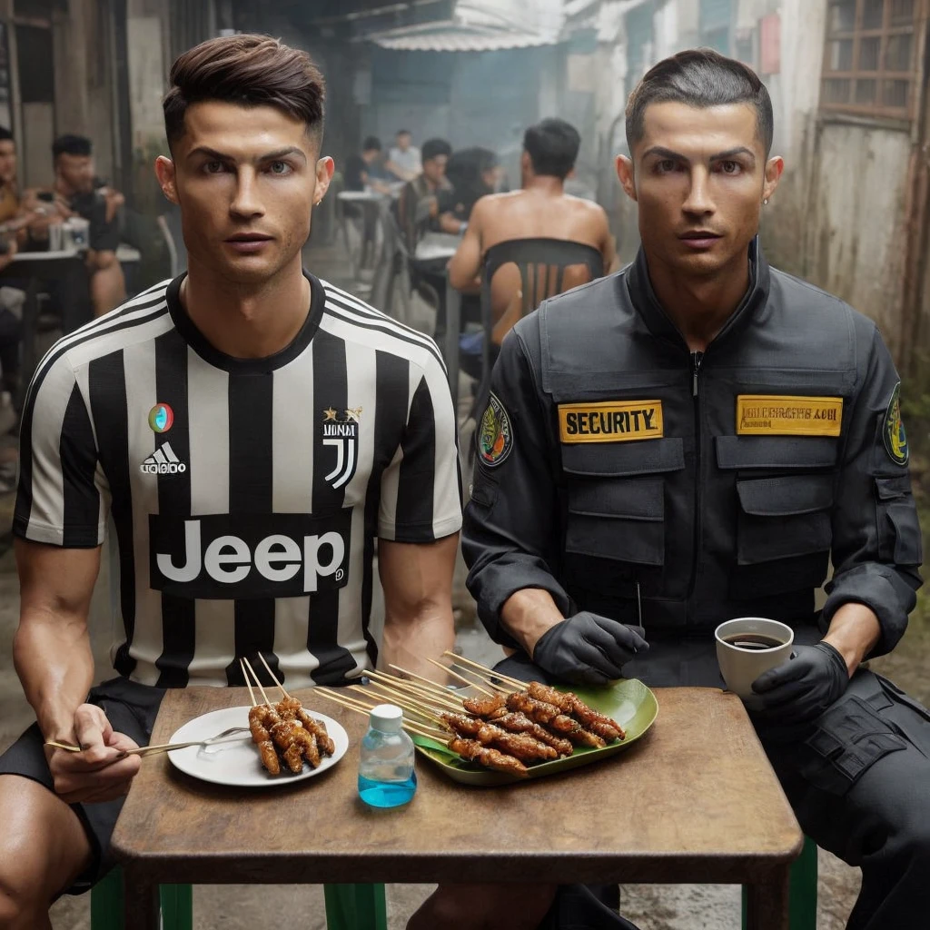 hyper realistic cristiano ronaldo wearing juventus jersey and ,25 year old Asian man with buzz cut hair wearing security clothes sitting on chair near table in seedy bar while eating satay and drinking black coffee.