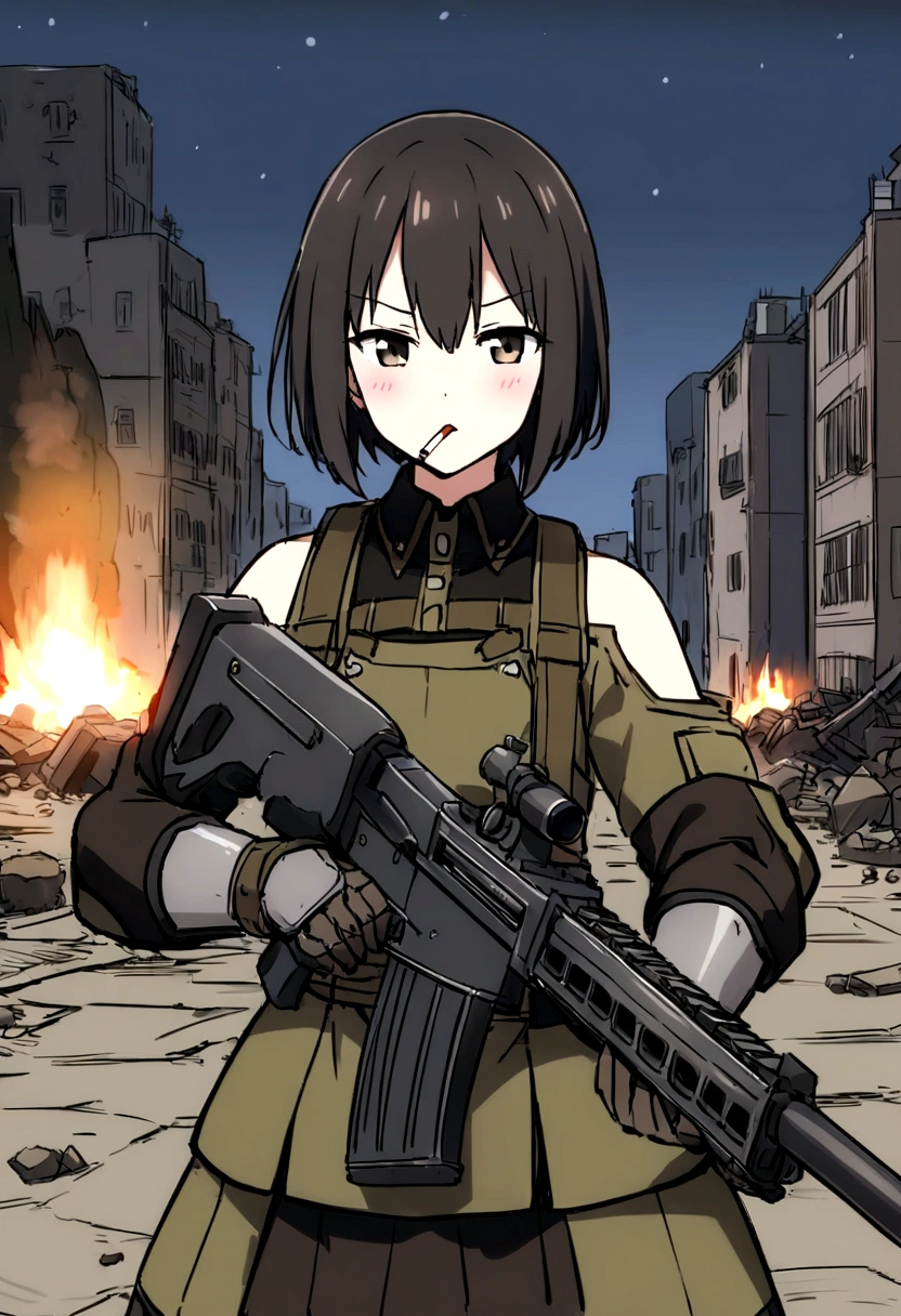 Mechanical、重tank、KV-1、Personificationanime、tankのパーツ、mechanical、Armor、tankの艤装、tankの部品でできた服、tankの部品が付いた服、Highest quality、high resolution、Detailed Description、Detailed Background、Accurate depiction、tank、tank娘、Personification、tankのPersonification、animeスタイル、anime、girl、battlefield、rubble、黒cigarette、cigarette、Hold a large caliber rifle、Big guns、Black Short Hair、Sharp Eye、cute、night、battle、Urban area、Destroyed City