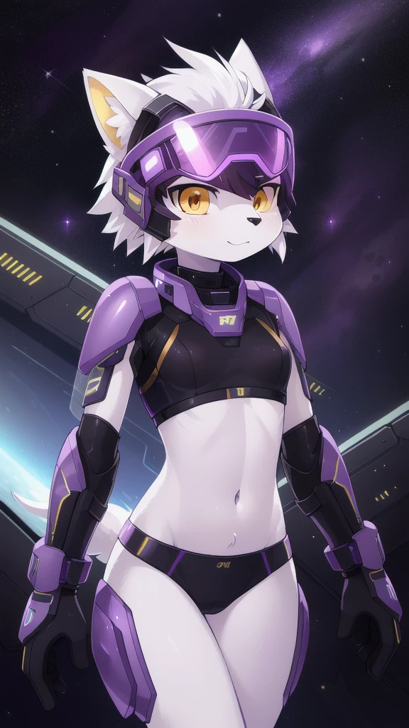 Furry girl, cat, yellow eyes, black and white body fur, ((long visor, purple visor, futuristic soldier clothing, midriff)), mohawk hair, white hair, small breasts, detailed body fur, detailed face, detailed eyes, glistering body, shiny body, gorgeous body, skinny, solo, space,